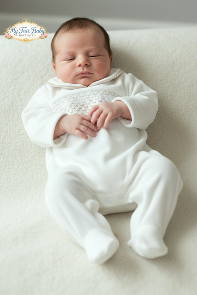 Spanish Baby Boys Cream & Camel Smocked Velour Sleepsuit/Babygrow