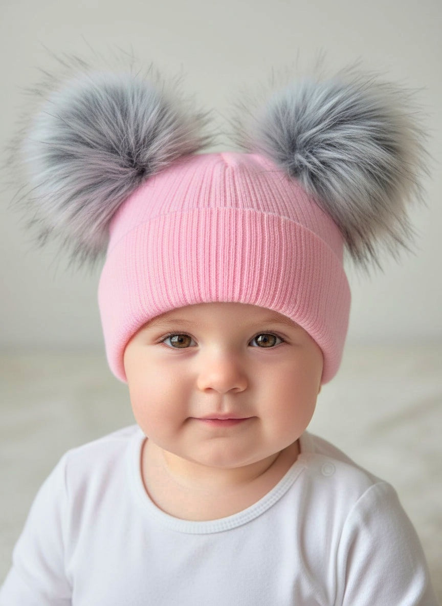 Baby Girls Pink & Grey Double Fur Pom Pom Winter Hat ~0-3y
