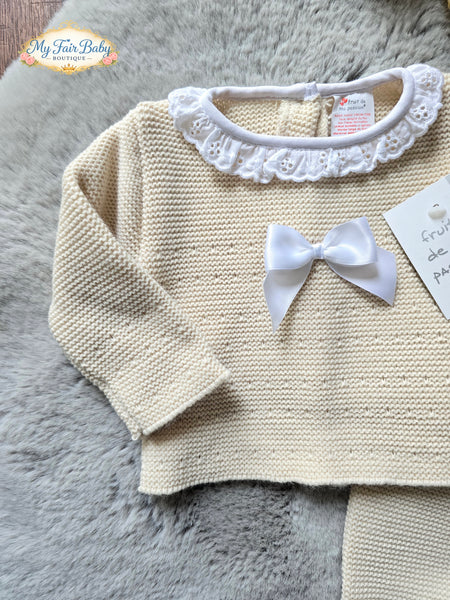 Spanish Baby Girls Biscuit & White Knitted 3PC Set ~ 0-3m