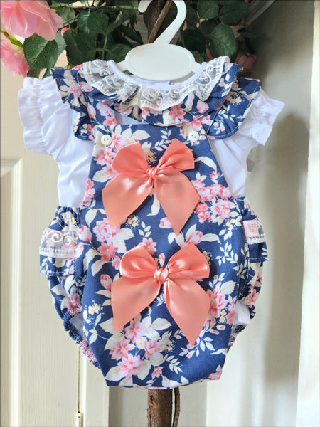 Spanish Baby Girls Navy & Peach Floral Romper M002 ~ 3-36m