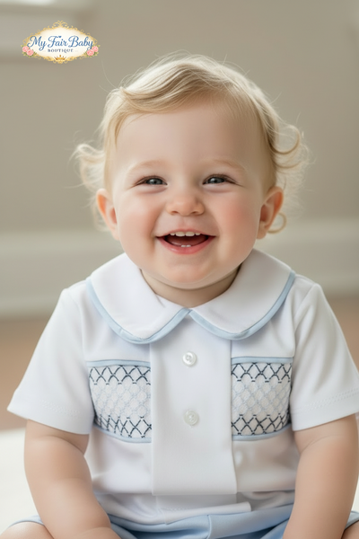 Spanish Baby Boys White & Blue Smocked Cotton Short Set ~ 1-18m