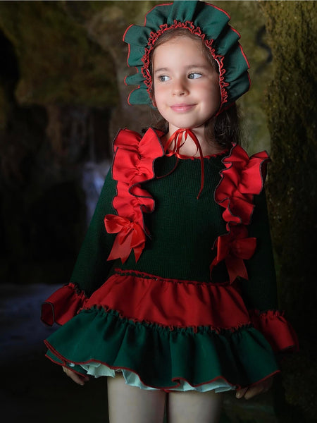 Ela Confeccion AW25 Spanish Girls Red & Green Knitted Dropwaist Dress 2,5y - IN STOCK NOW
