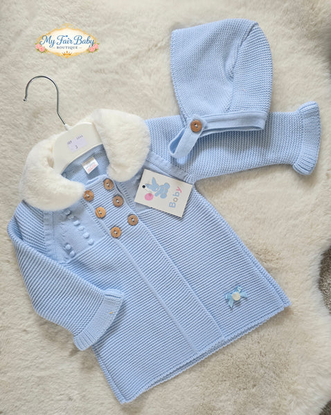 Spanish Unisex Baby Blue Knitted Fur Collar Jacket & Bonnet ~ 3-24m