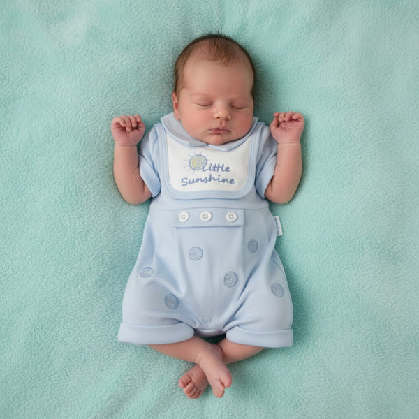 Traditional Baby Boys Blue Little Sunshine Romper With Detachable Bib - Prem & NB