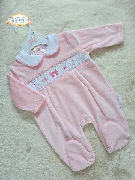 Traditional Baby Girls Pink Smocked Rainbow Velour Sleepsuit/Babygrow ~ 0-6m