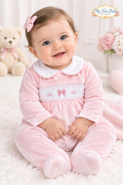 Traditional Baby Girls Pink Smocked Rainbow Velour Sleepsuit/Babygrow ~ 0-6m