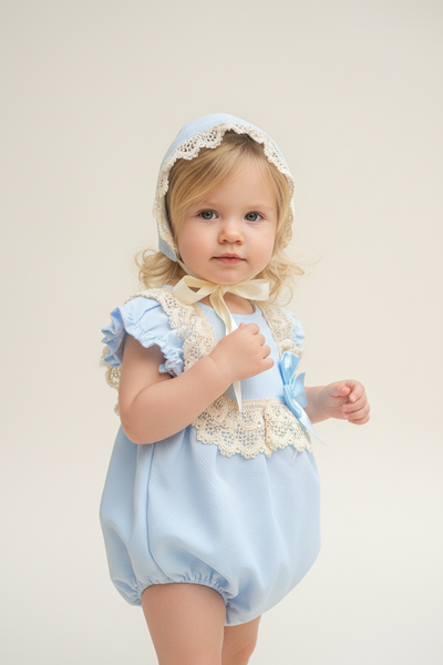 Spanish Baby Girls Blue Pique Romper & Bonnet Set M002B ~ 18-36m