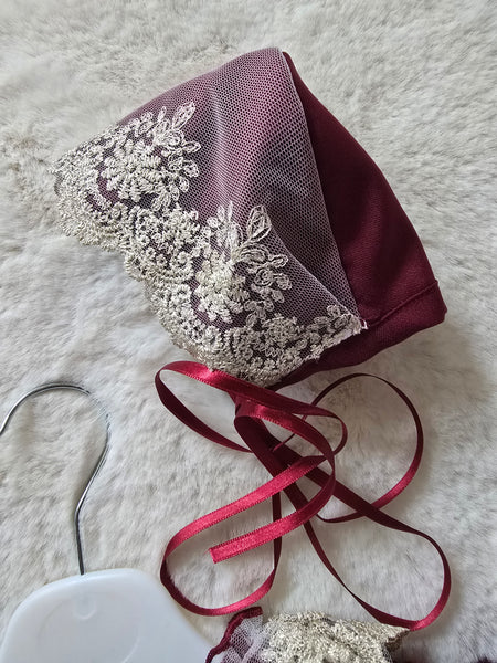 Ela Confeccion AW25 Spanish Girls Burgundy Lace Trimmed Romper & Bonnet Set  - IN STOCK NOW