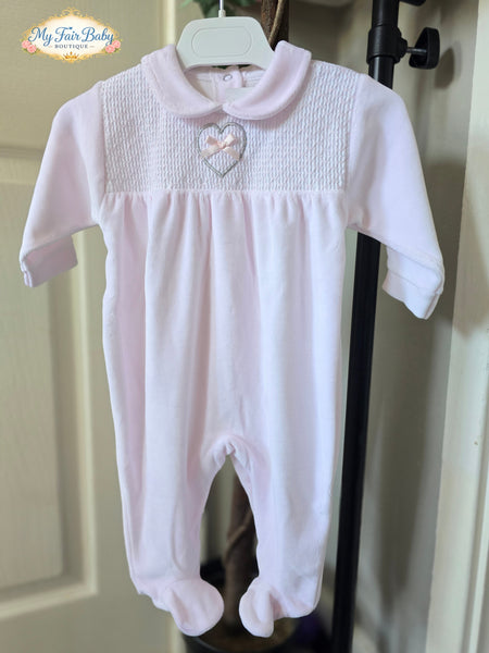 Spanish Baby Girls Soft Pale Pink Smocked Velour Sleepsuit/Babygrow ~ 0-6m