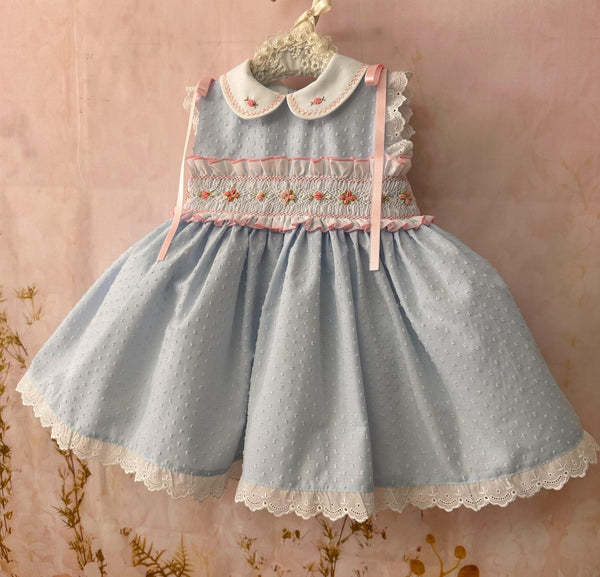 Sonata Infantil Spanish Girls Blue & Pink Plumeti Smocked Puffball Dress VE2509 ~ MADE TO ORDER