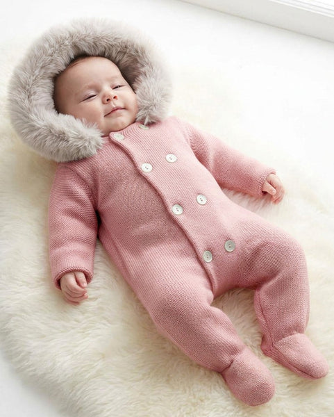 Traditional Baby Girls Dusky Pink Fur Trimmed Knitted Snowsuit