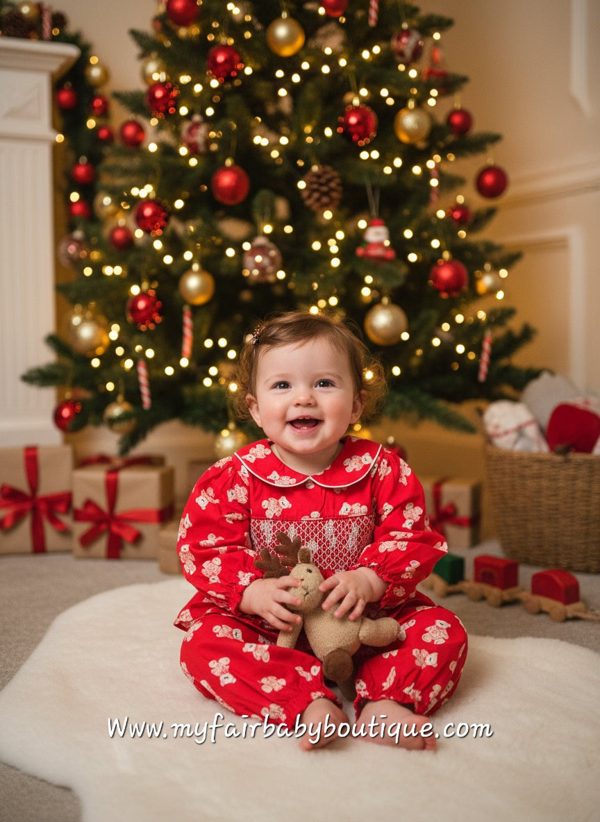 Girls Red Smocked Cotton Teddy Bear Pyjamas