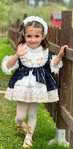 Sonata Infantil AW25 Spanish Girls Navy & Gold Lace Christmas Puffball Dress IN2513 ~ MADE TO ORDER