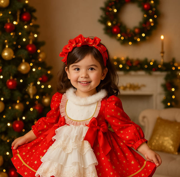Sonata AW25 Spanish Girls Red & Gold Snowflake Christmas Puffball Dress NA2504 - MADE TO ORDER