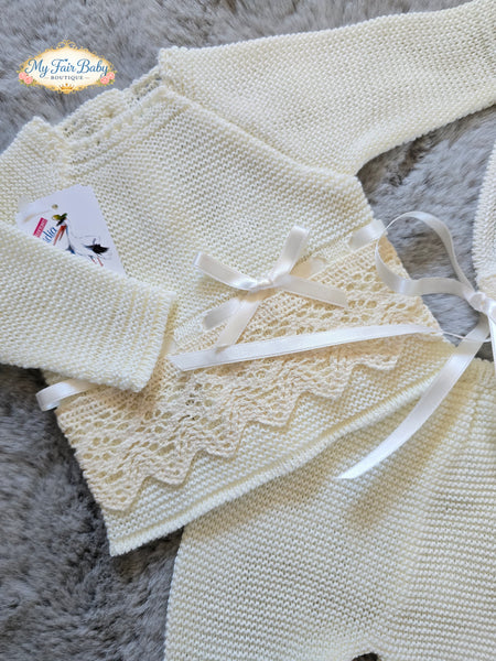 Spanish Creaciones Gavidia Unisex Baby Cream Knitted 3pc Lace Set 1136