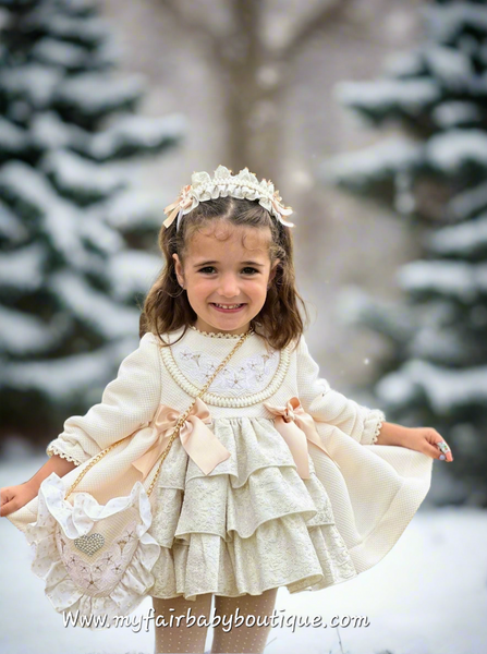 Sonata Infantil AW25 Spanish Girls Cream & Gold Christmas Puffball Dress IN2516 ~ MADE TO ORDER