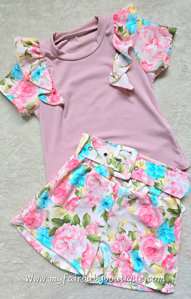 Girls Dusky Pink Top & Floral Short Set - 4-14y