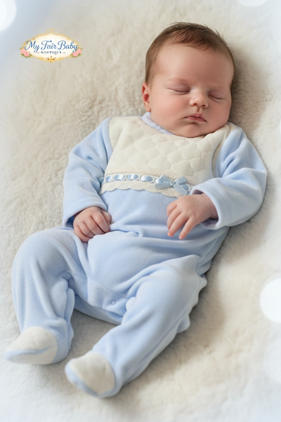 Spanish Baby Boys Blue & Cream Velour Sleepsuit/Babygrow
