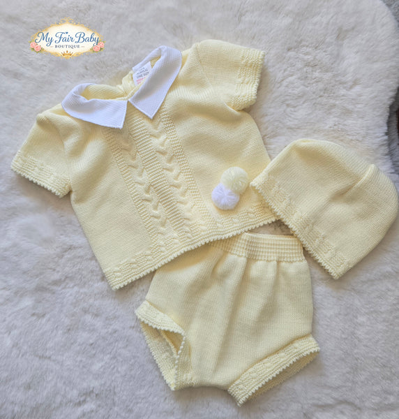 Spanish Baby Boys Lemon Knitted Jam Pant 3pc Set ~ 0-3m