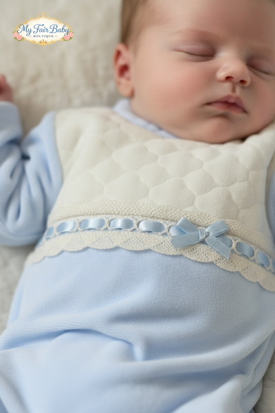Spanish Baby Boys Blue & Cream Velour Sleepsuit/Babygrow