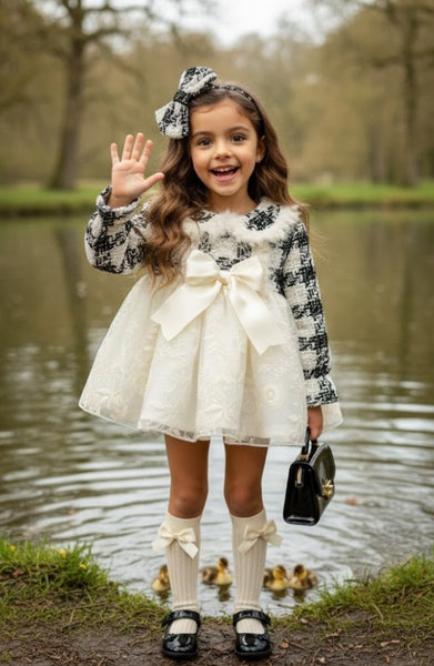 Sonata Infantil Spanish Girls Cream Lace & Tweed Puffball Dress IN2301- MADE TO ORDER