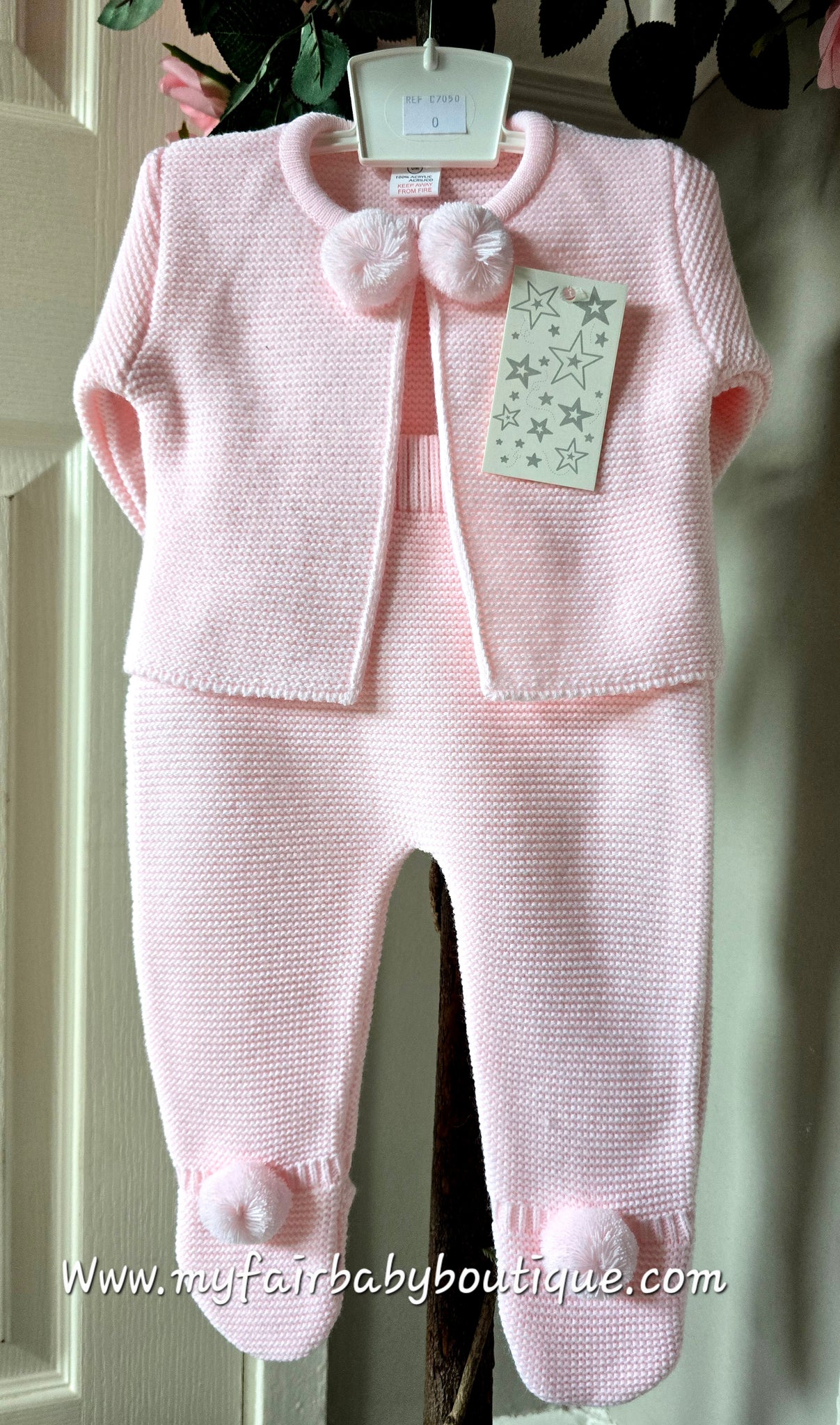 Spanish Baby Girls Pink Knitted Pom Pom Trouser & Cardigan Set - NB-3m