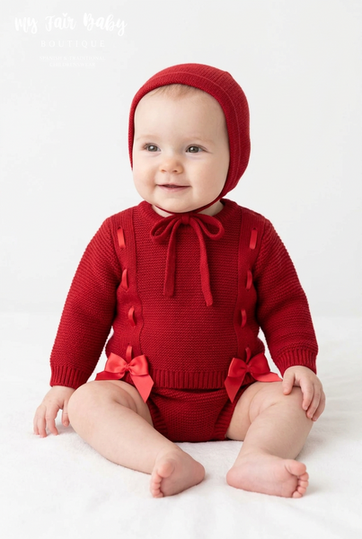 Spanish Baby Girls Red Knitted Bow Jam Pant 3pc Set