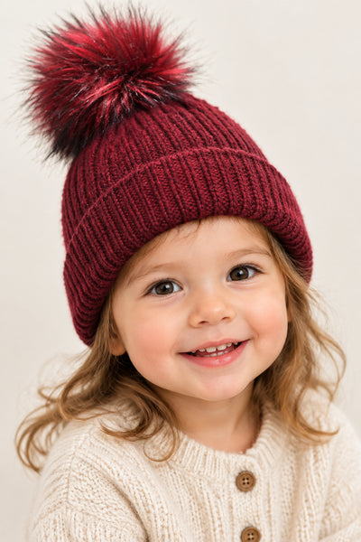 Traditional Unisex Kids Red Faux Fur Pom Pom Hat ~ 2-3y