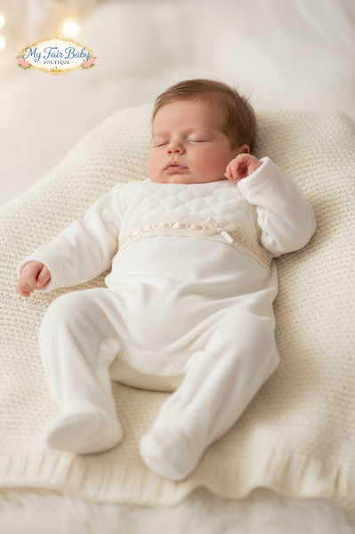 Spanish Baby Girls Cream Velour Sleepsuit/Babygrow ~ NB-6m