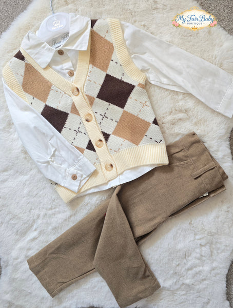 Beau Kid Traditional Boys Camel Argyle Tank Top 3pc Set 2817 ~ 1-7y
