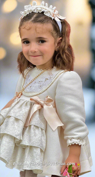 Sonata Infantil AW25 Spanish Girls Cream & Gold Christmas Puffball Dress IN2516 ~ MADE TO ORDER