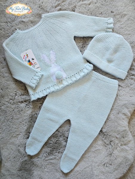 Spanish Creaciones Gavidia Baby Boys Blue & White Knitted Bunny 3pc Set 7219