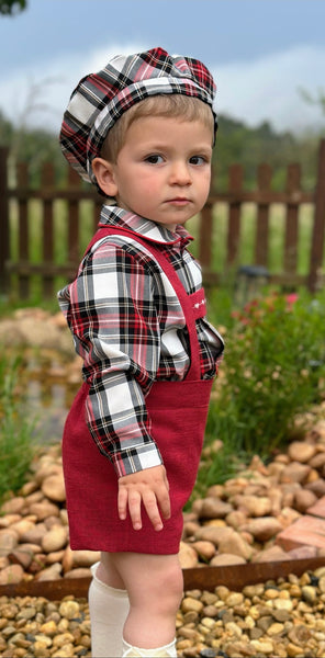 Sonata Infantil AW25 Spanish Baby Boys Red Dungaree & Tartan Shirt Set IN2507 - MADE TO ORDER