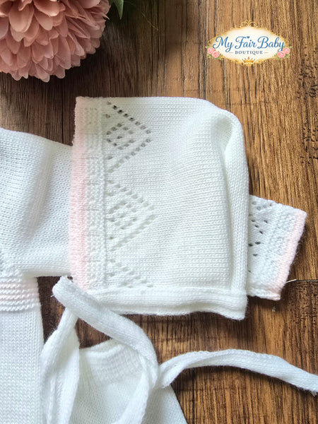 Spanish Baby Girls White & Pink Knitted 3pc Set ~ 0-3m