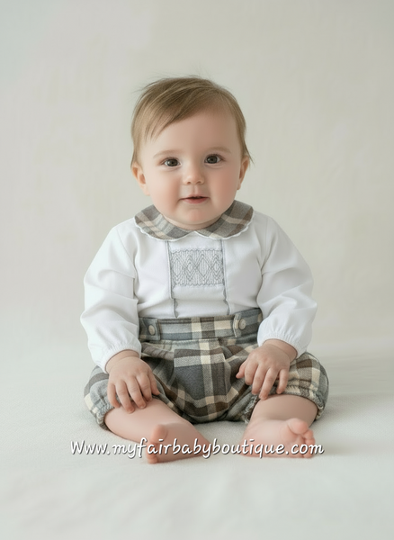 Spanish Baby Boys Camel & Grey Check Short Set - 3-36m