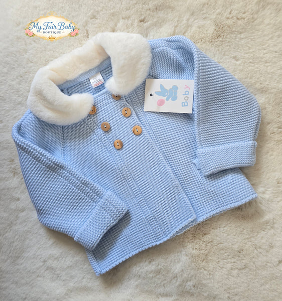 Spanish Baby Boys Blue Knitted Fur Collar Jacket ~ 3-24m