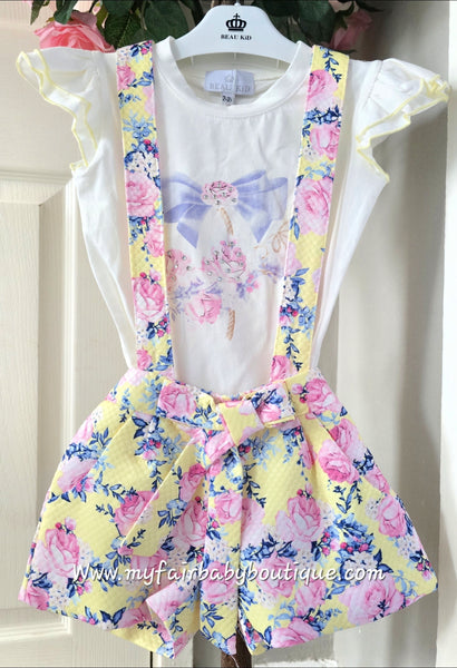 Beau Kid Traditional Lemon Floral Dungaree Set 22112 ~ 2-6y