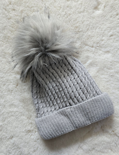 Traditional Unisex Kids Grey Faux Fur Pom Pom Hat ~ 2-3y