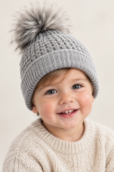 Traditional Unisex Kids Grey Faux Fur Pom Pom Hat ~ 2-3y