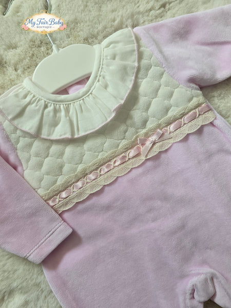 Spanish Baby Girls Pink & Cream Velour Sleepsuit/Babygrow ~ NB-6m
