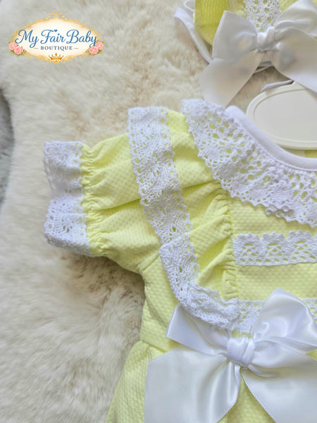 Spanish Baby Girls Lemon Waffle Romper & Bonnet Set