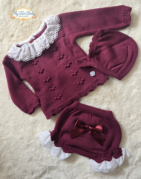Spanish Baby Girls Burgundy Knitted 3pc Jam Pant Set