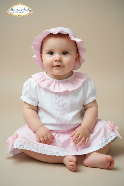 Spanish Baby Girls Pink Smocked Summer Skort & Hat Set M002S ~ 6-24m