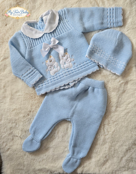 Spanish Baby Boys Blue Knitted Teddy 3pc Set ~ 0-3m