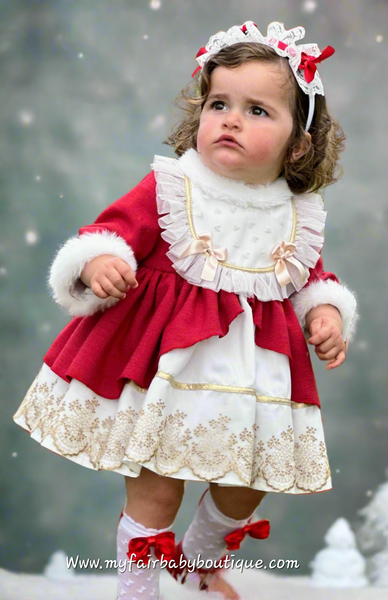 Sonata Infantil AW25 Spanish Girls Red & Gold Lace Christmas Puffball Dress IN2512 ~ MADE TO ORDER