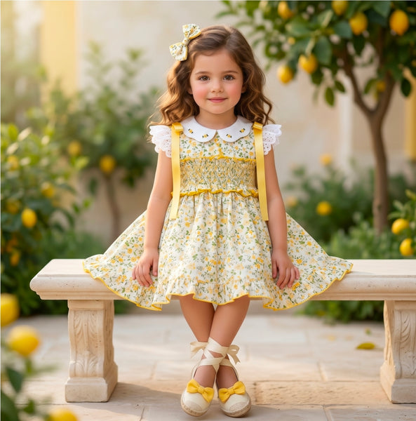Sonata Infantil SS26 Girls Yellow Floral Smocked Puffball Dress VE2632 ~ MADE TO ORDER