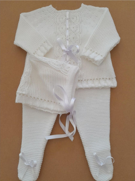 Spanish Creaciones Gavidia Unisex Baby White Knitted 3pc Lace Set 2124