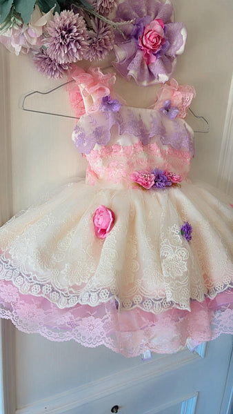 Ela Confeccion SS26 Girls Pink & Lilac Lace Eloise Puffball Dress - MADE TO ORDER