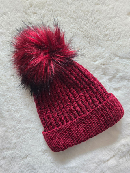 Traditional Unisex Kids Red Faux Fur Pom Pom Hat ~ 2-3y