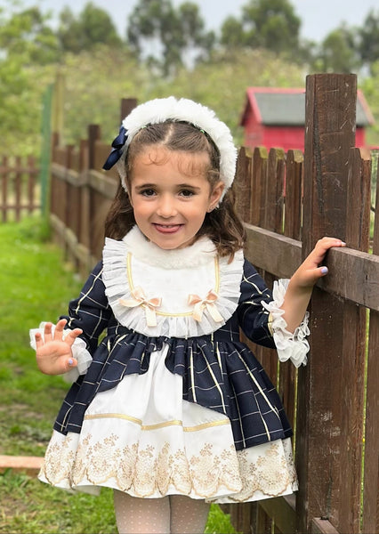 Sonata Infantil AW25 Spanish Girls Navy & Gold Lace Christmas Puffball Dress IN2513 ~ MADE TO ORDER